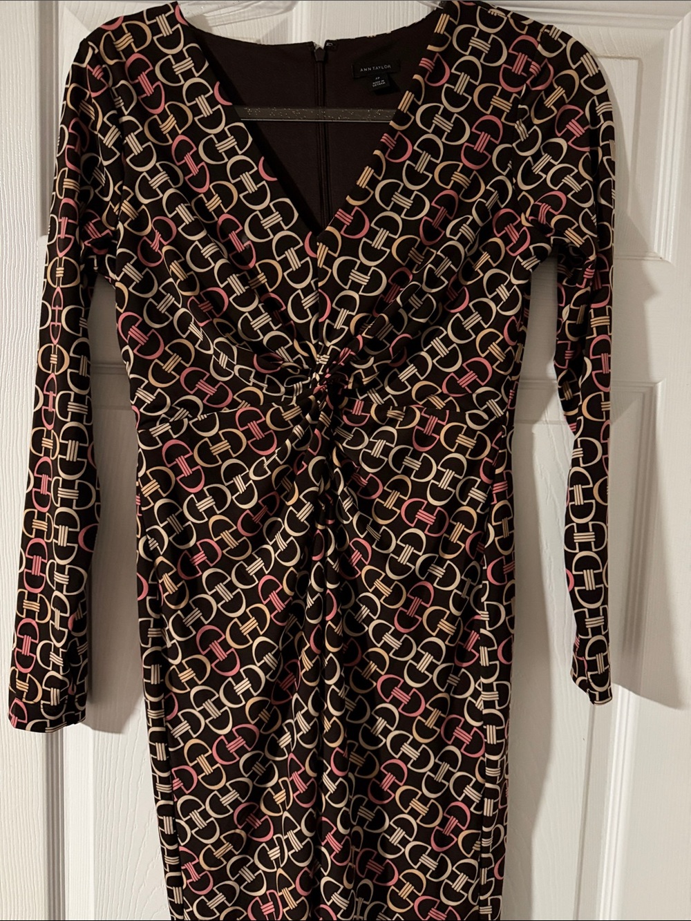 Ann Taylor Twist-Front Dress with Brown Pink & Cream Chain Print